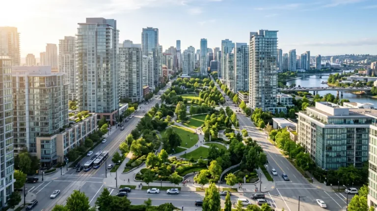 Modern high rise apartment buildings and residential developments in a fast growing green city under a bright blue sky.
