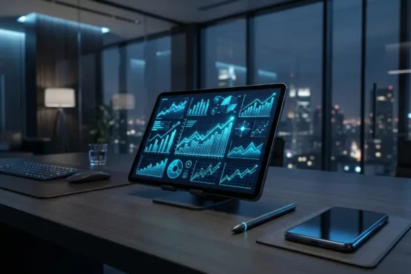 A clean, overhead view of an office workspace featuring a digital tablet displaying financial real estate metrics, a pen, and a modern smartphone on a dark desk.