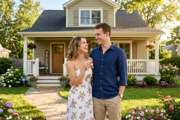 A happy couple standing in front of their new home holding house keys on a sunny day