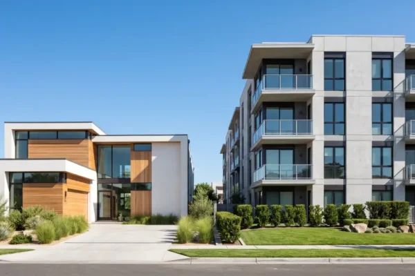 Luminous modern residential homes and apartment buildings representing professional real estate assets.