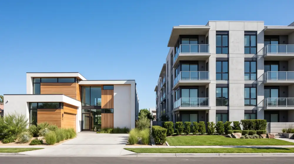Luminous modern residential homes and apartment buildings representing professional real estate assets.