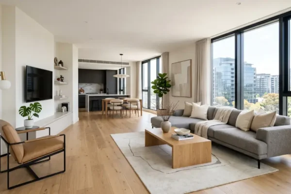 A bright, clean modern living room interior showcasing organized design and well-maintained property management standards.