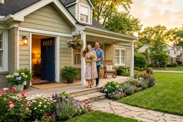 A happy couple standing in front of their new home holding house keys on a sunny day