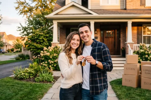 Steps to buying a house illustrated through a happy family receiving keys to their new home