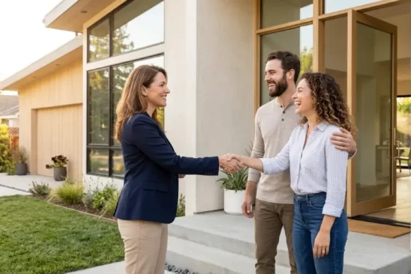 Real estate agent greeting a couple outside a home during a property viewing