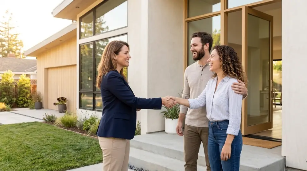 Real estate agent greeting a couple outside a home during a property viewing