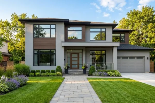 Modern suburban house with landscaped front yard representing the home selling process