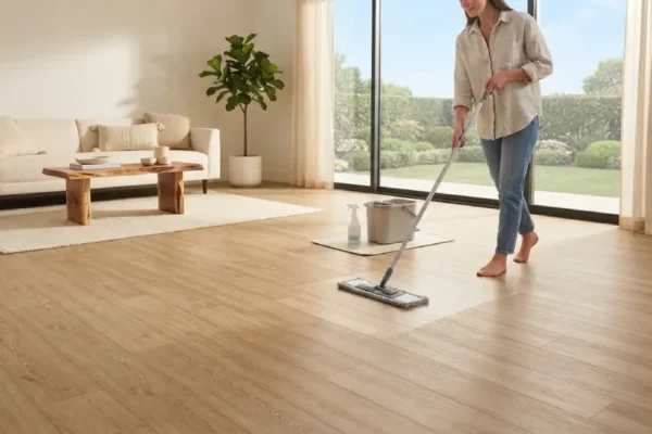 Person cleaning vinyl plank flooring with a microfiber mop in a bright living room