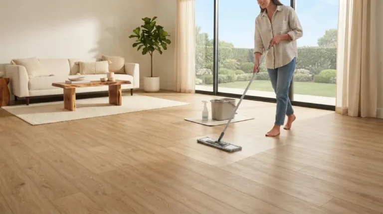 Person cleaning vinyl plank flooring with a microfiber mop in a bright living room