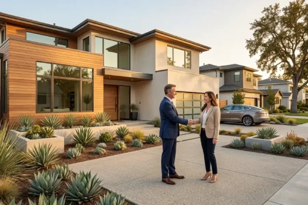 Homeowner and real estate agent shaking hands outside a house during a home sale discussion
