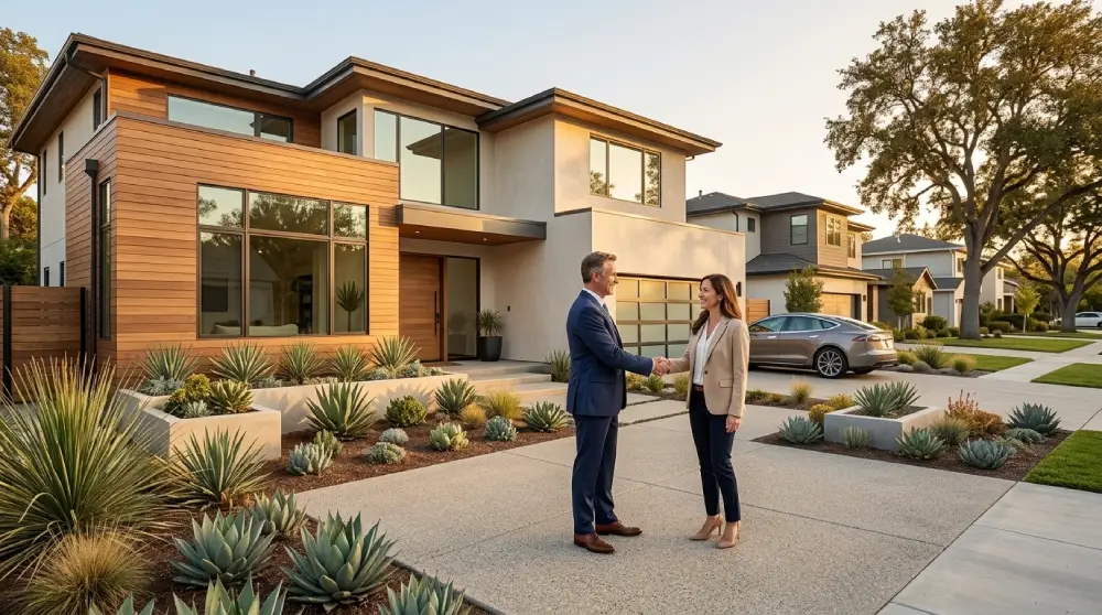 Homeowner and real estate agent shaking hands outside a house during a home sale discussion
