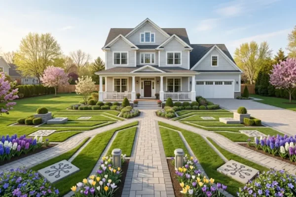 Suburban house exterior in spring with blooming flowers and green lawn, representing the best time of year to sell a house