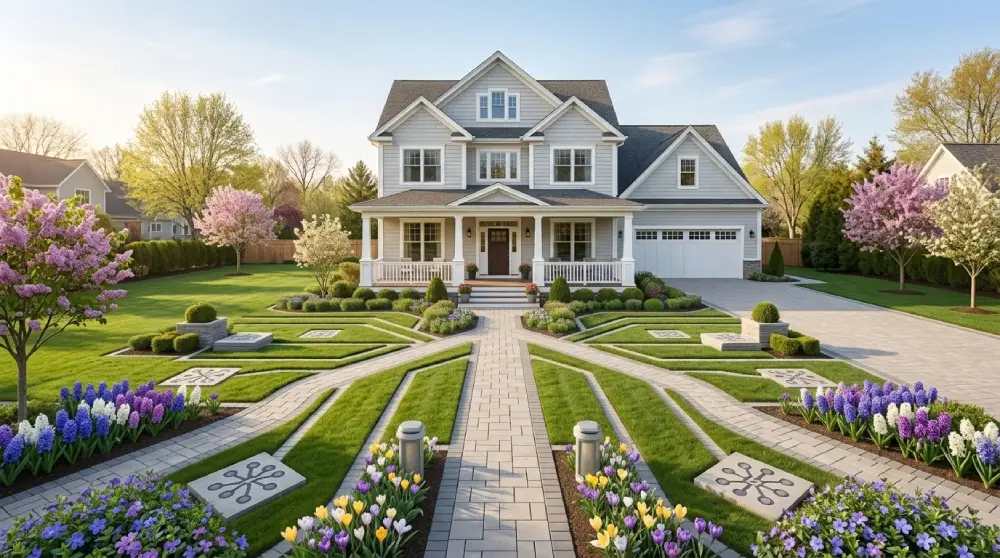Suburban house exterior in spring with blooming flowers and green lawn, representing the best time of year to sell a house