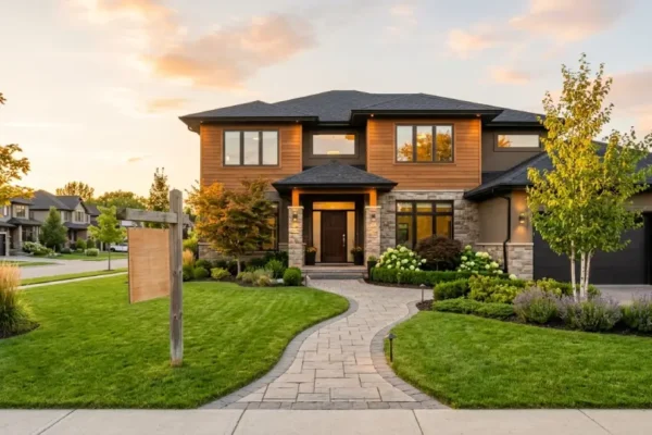 Modern suburban house with a front yard sign, representing the home buying process