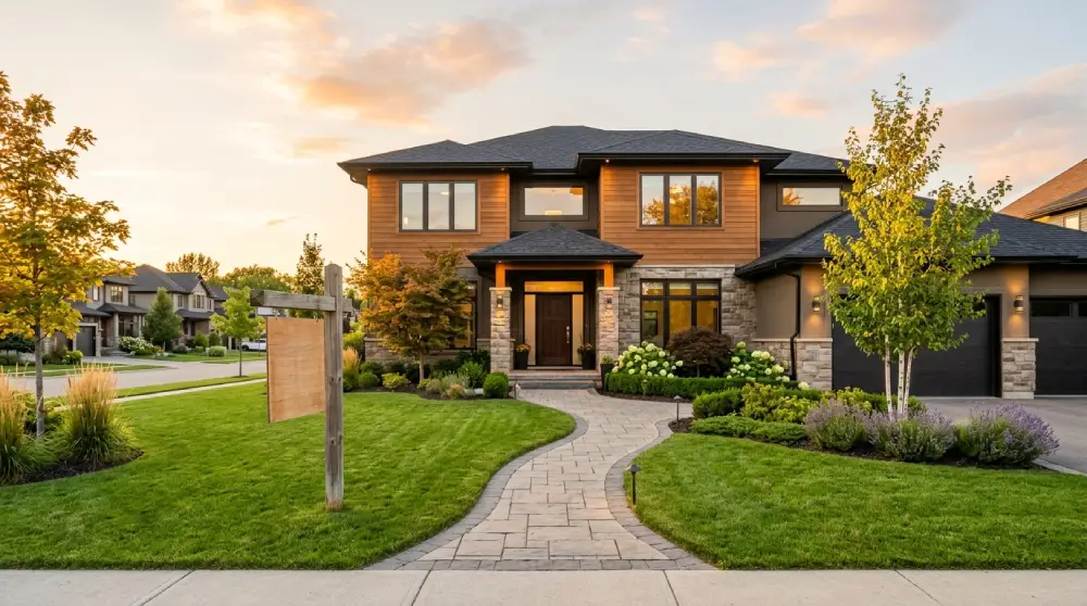 Modern suburban house with a front yard sign, representing the home buying process
