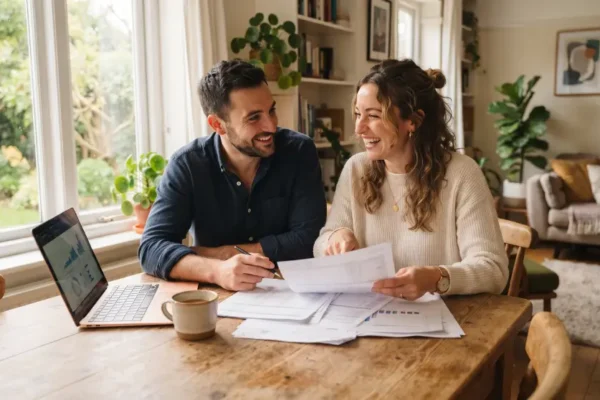 Couple reviewing mortgage loan documents together at home