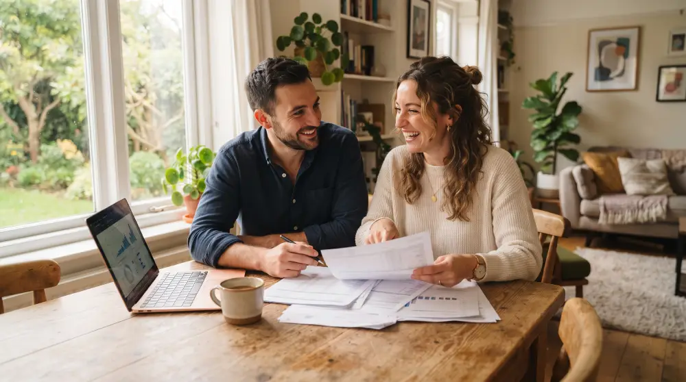 Couple reviewing mortgage loan documents together at home