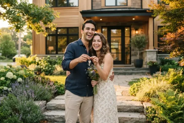 Happy couple holding keys outside their new home representing homeownership and down payment savings