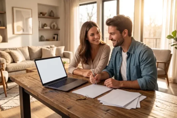 Couple reviewing mortgage paperwork together at home before applying for pre-approval