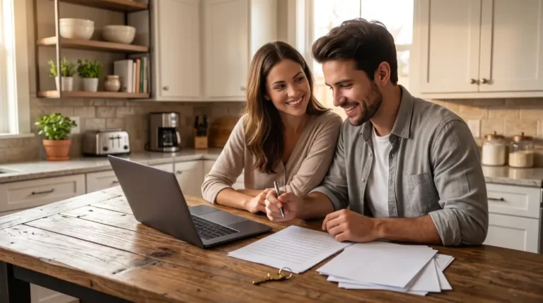 Couple reviewing mortgage pre-approval documents together at home