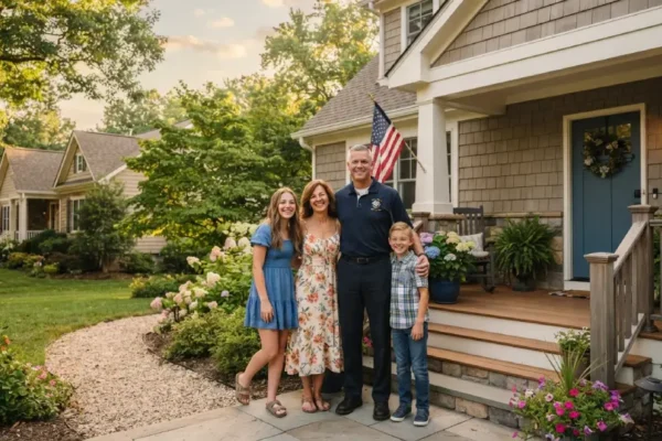 Veteran family standing outside their home after using a VA loan to buy property.