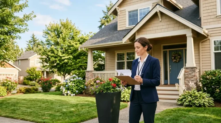 Professional appraiser inspecting the exterior of a suburban home during a property appraisal visit