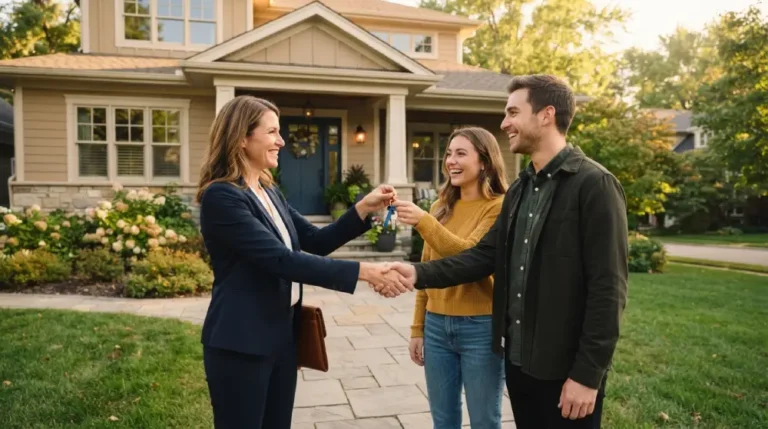 Real estate agent shaking hands with home buyers in front of a house after a successful deal