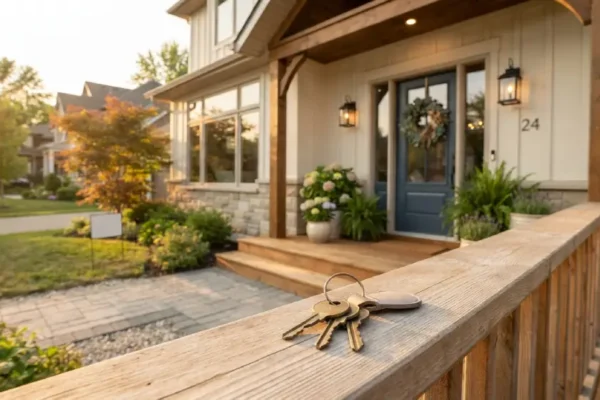 House keys resting on a porch railing symbolizing home ownership after an accepted offer