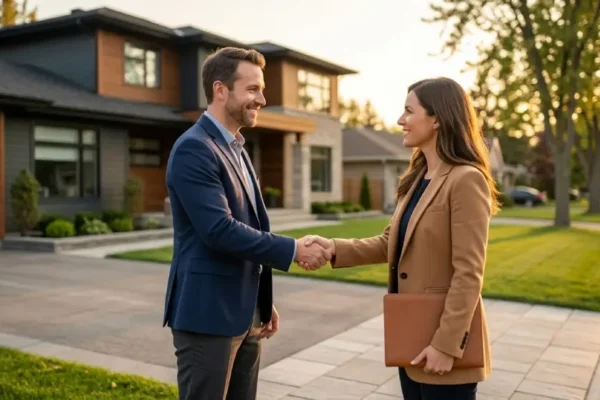 Two people shaking hands in front of a house during a home sale negotiation