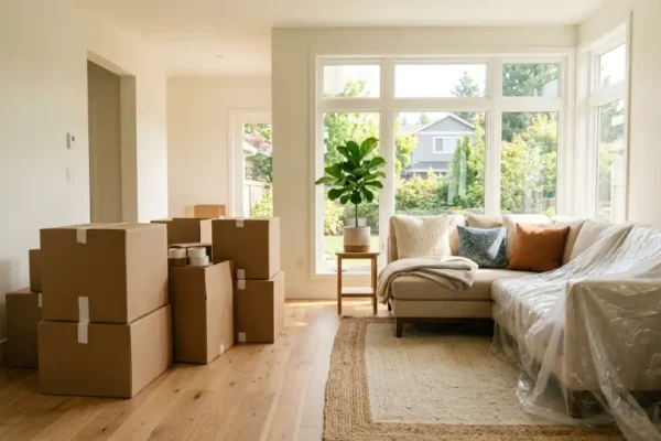 Neatly organized moving boxes in a sunlit living room during a home move
