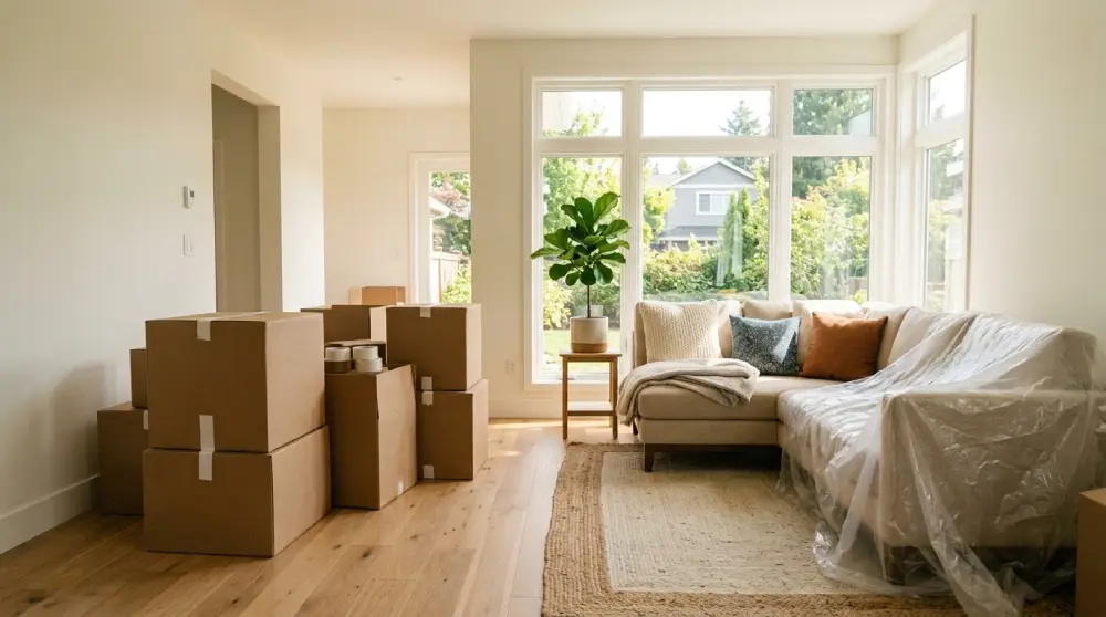 Neatly organized moving boxes in a sunlit living room during a home move
