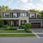 Modern suburban rental property with a landscaped front yard under a clear sky