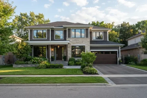 Modern suburban rental property with a landscaped front yard under a clear sky