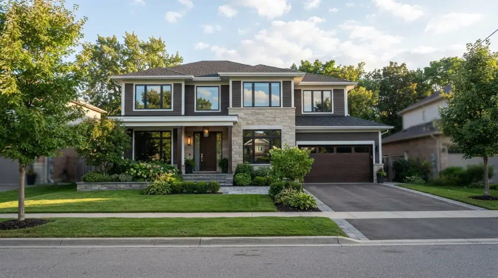 Modern suburban rental property with a landscaped front yard under a clear sky