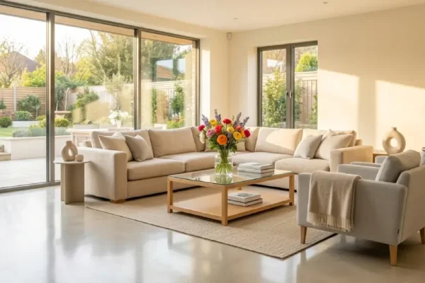 Bright, tidy living room staged and ready for a home open house