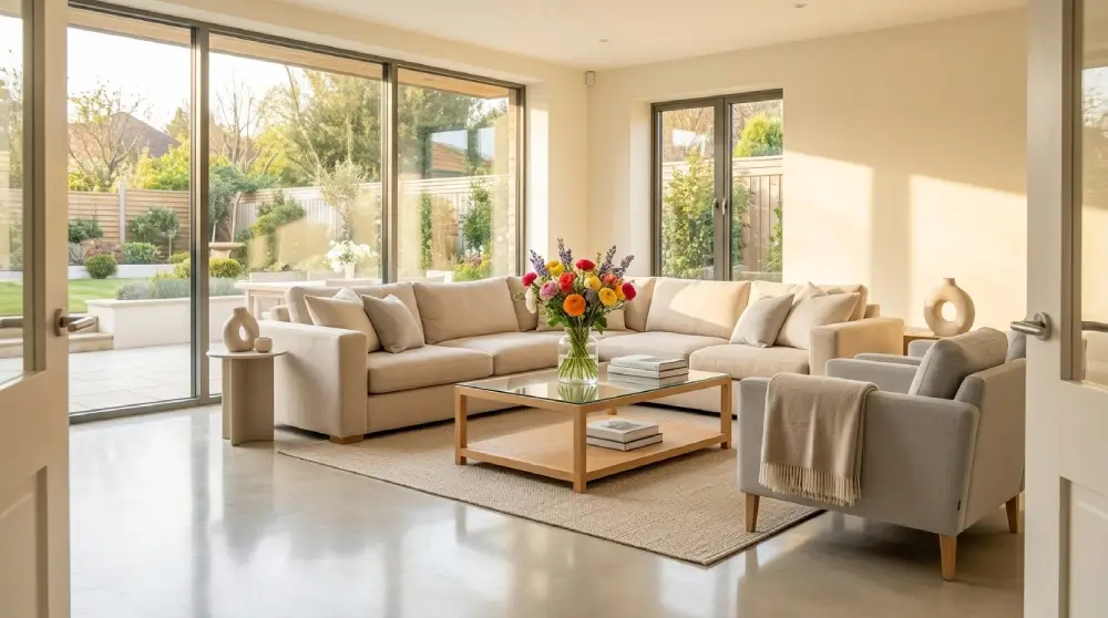 Bright, tidy living room staged and ready for a home open house