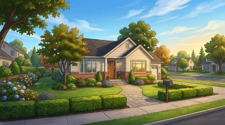 Illustration of a suburban house with a landscaped yard, representing property ownership and property tax.