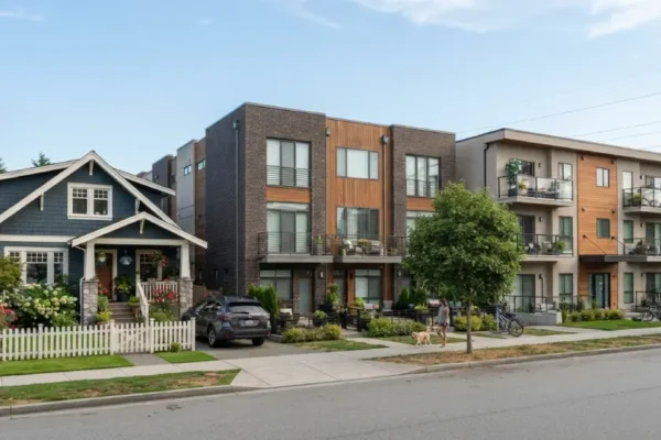 Side-by-side comparison of a single-family home, a townhouse row, and a condo building in a residential neighborhood.
