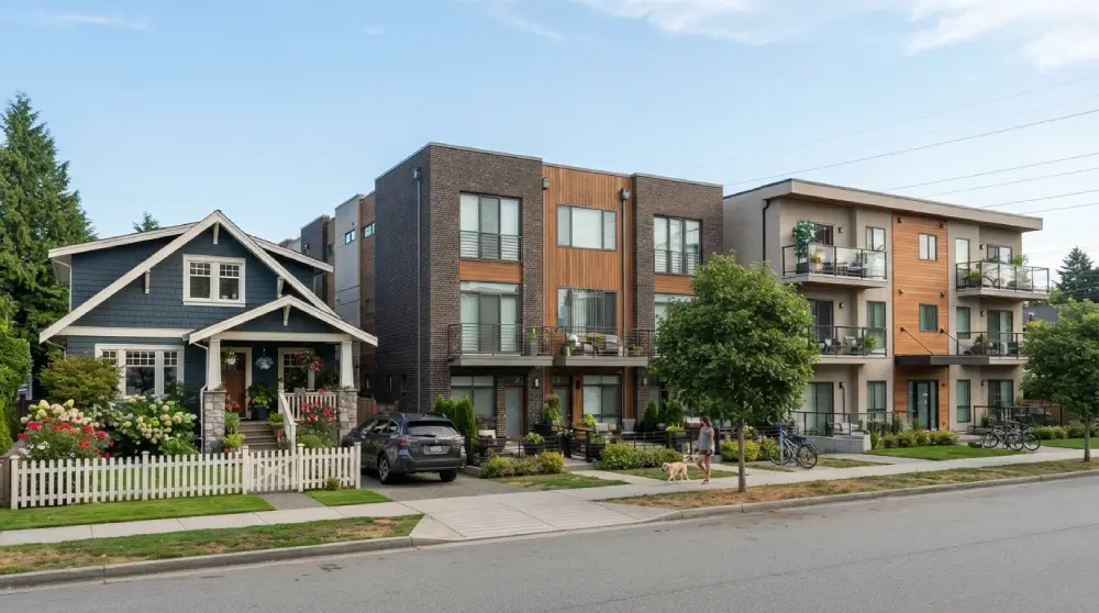 Side-by-side comparison of a single-family home, a townhouse row, and a condo building in a residential neighborhood.