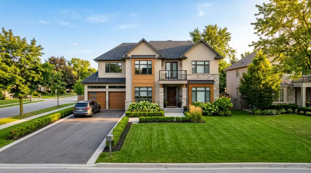Modern suburban rental property with a well kept lawn and driveway in warm afternoon light