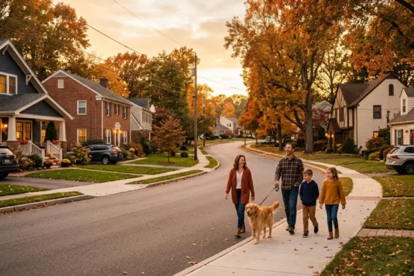 Cozy suburban neighborhood street with charming homes and trees during golden hour, representing an affordable city for homebuyers