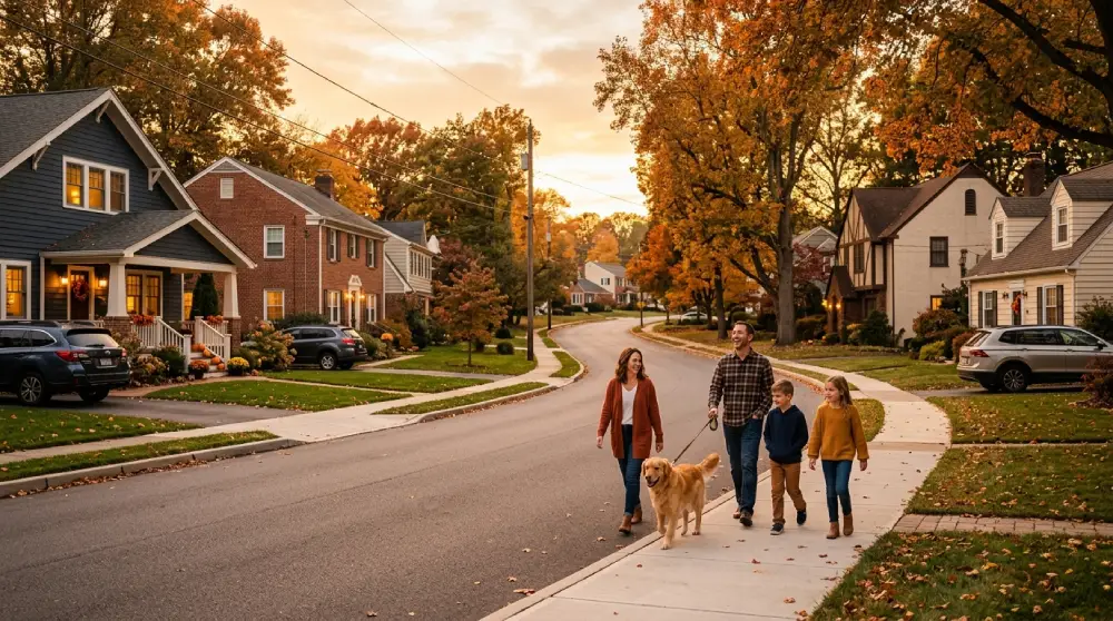 Cozy suburban neighborhood street with charming homes and trees during golden hour, representing an affordable city for homebuyers