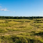 Empty rural land plot with green fields and clear sky representing land investment opportunities