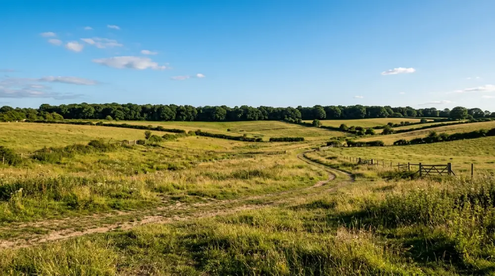 Empty rural land plot with green fields and clear sky representing land investment opportunities