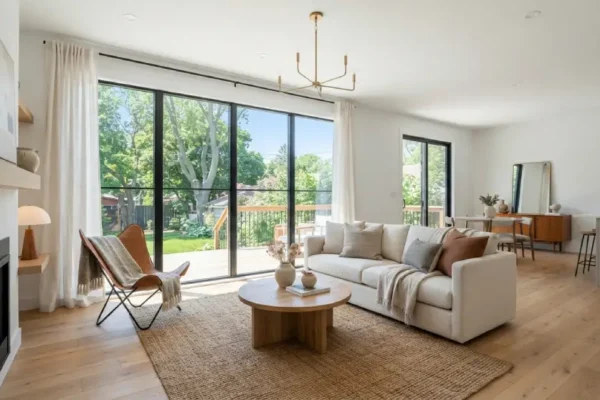 Bright renovated living room in a flipped house with natural light and modern staging
