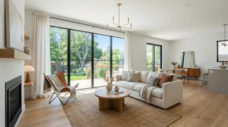 Bright renovated living room in a flipped house with natural light and modern staging