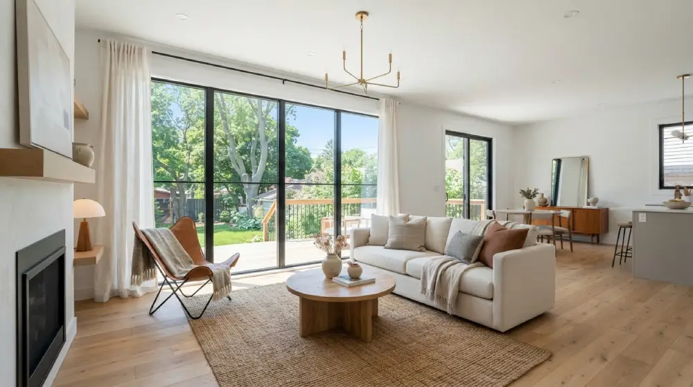 Bright renovated living room in a flipped house with natural light and modern staging