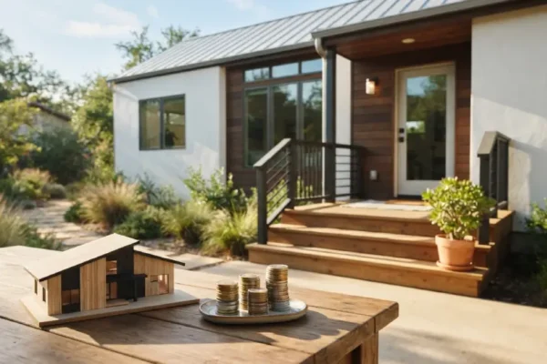 Modern rental house with coins and a small house model representing real estate cash flow