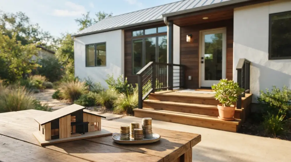 Modern rental house with coins and a small house model representing real estate cash flow