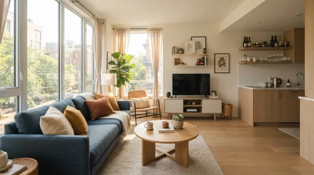 Modern short term rental living room designed for guest comfort and appeal